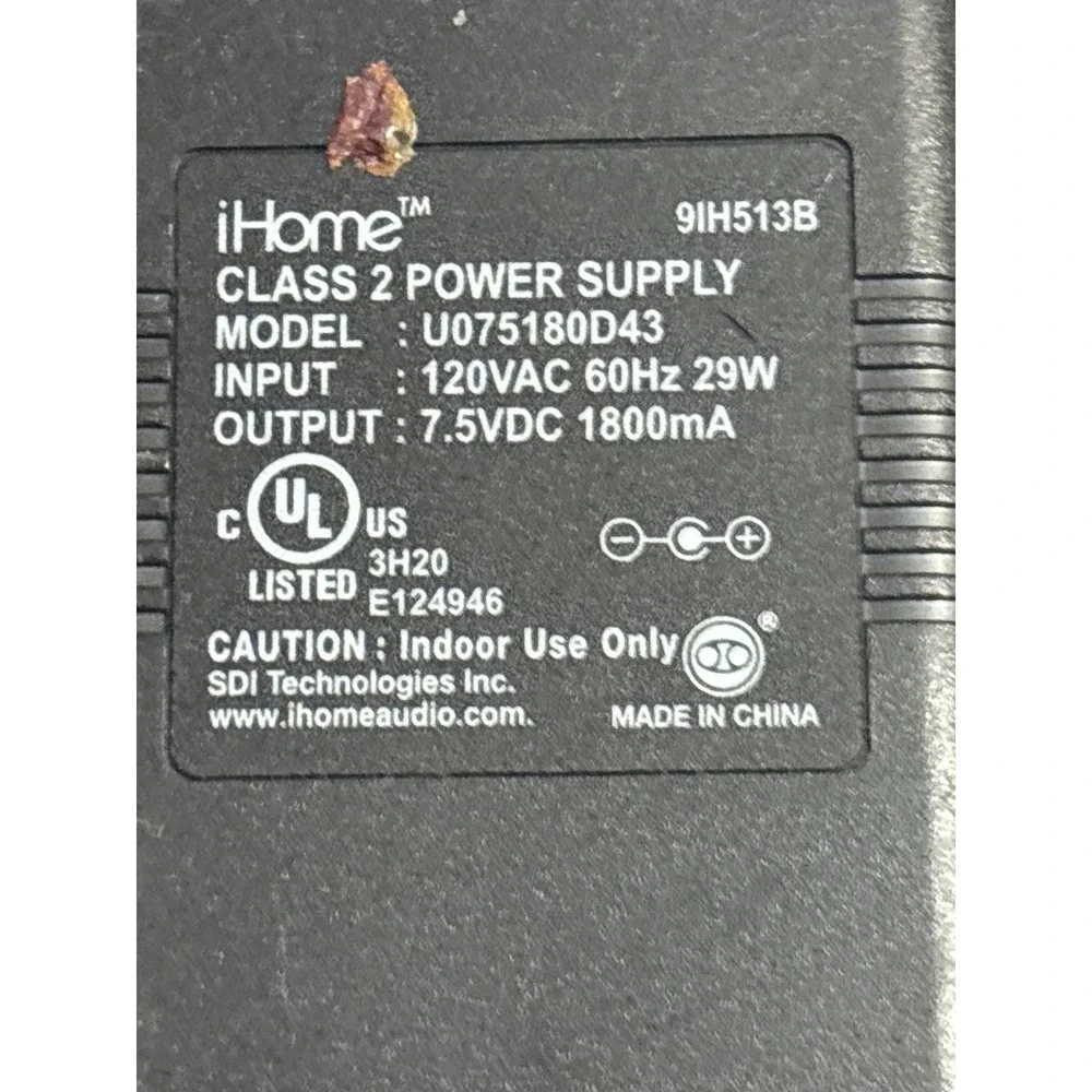 iHome U075180D43 Class 2 Power Supply 7.5VDC 1800mA AC Adapter Charger